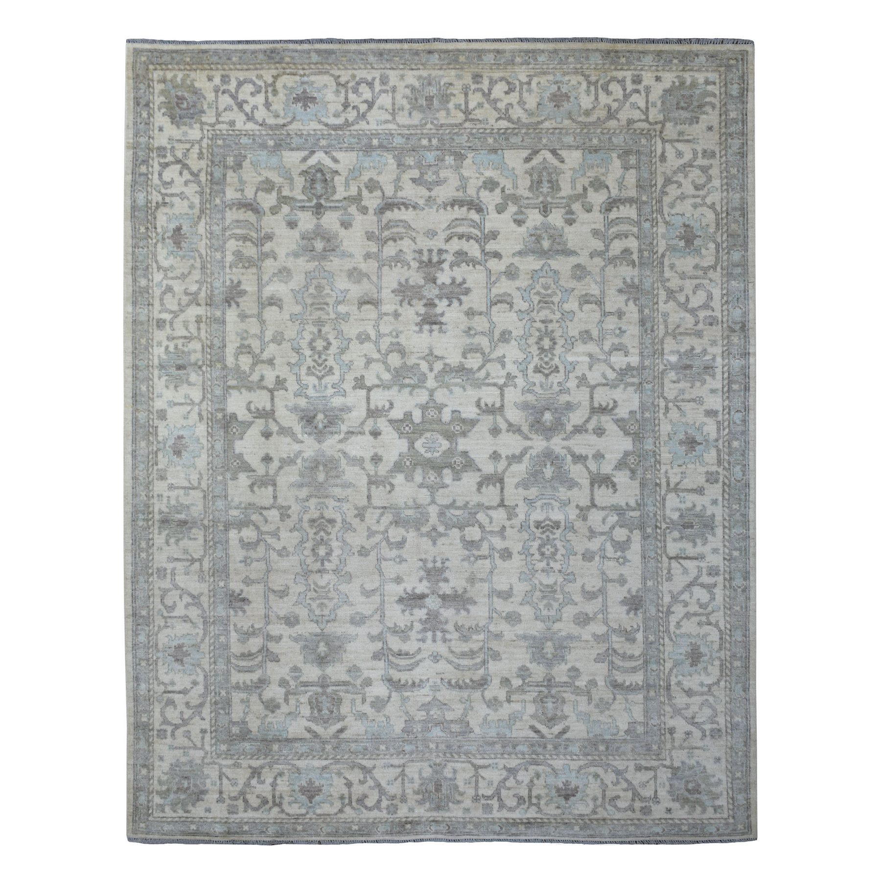 8'1"x10' Ivory, Afghan Angora Oushak with All Over Leaf Design, Hand Knotted, Pure Wool Oriental Rug 